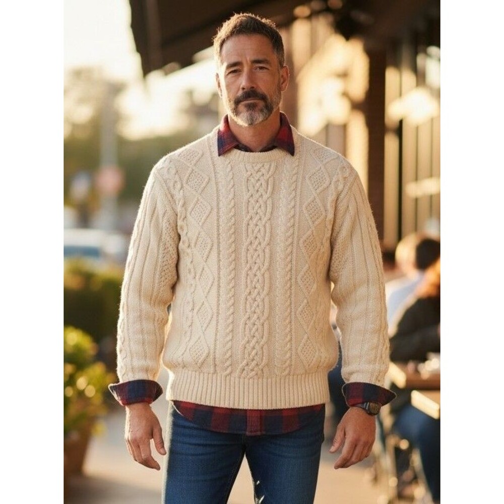 Blarney Woollen Mills Cable Knit Irish Sweater Cream Color Wool Mens Size XL